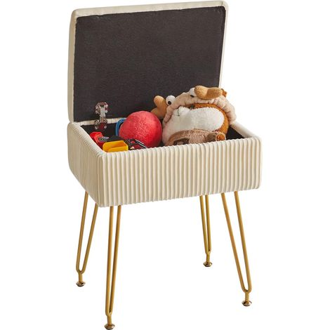 Pouf Ottoman avec Espace de Rangement, Tabouret de Maquillage, Repose-Pieds en Velours, Chaise de Coiffeuse Carrée à Rayures, Pieds en Métal Doré, 40×29.5×48CM Beige (1/5)