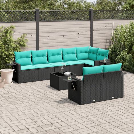 9-teiliges Gartensofa-Set mit Kissen, schwarzes Polyrattan (1/5)
