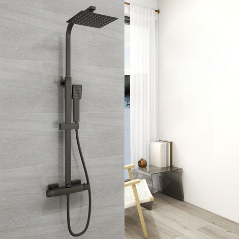 AICA Bathroom Thermostatic Mixer Shower Set Twin Head Exposed Valve 200mm Black Square 1 (1/5)