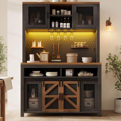 Buffet haut 120×40×174.5cm avec éclairage LED et port USB-C coulissantes prise intégrée surface de travail MDF Noir (1/5)