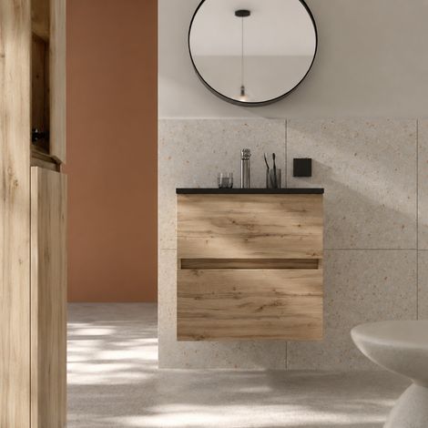 Pack Mueble de Baño 50cm Roble Natural 2 Cajones con Lavabo Negro (1/5)