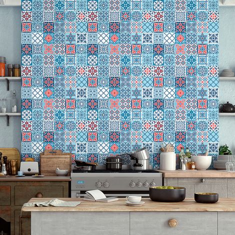 Sticker Mural Carrelage adhésif Cuisine Salle de Bain - 30 STICKERS CARREAUX DE CIMENT AZULEJOS CARLINTA - 30stickers10x10cm (1/5)
