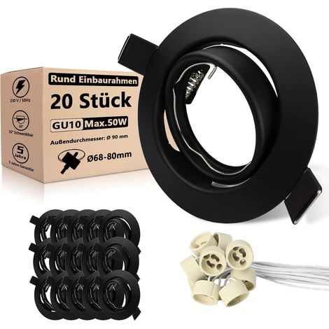 Lot de 20 Projecteurs Spot Encastrable GU10 Set, Cadre De Montage en Noir Mat Avec Douille Céramique GU10 Pour Spot Encastrable 68mm Orientables 30° (1/5)