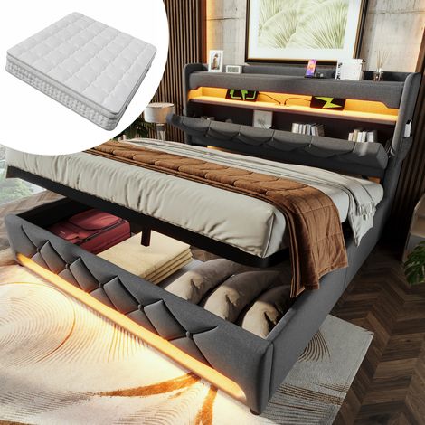 Lit Coffre 90x200 avec Matelas Inclus, Lit 1 Place Adulte Tête de Lit Haute, LED et Port USB/Type-C, Lit Simple avec Rangement Aspect Lin Beige (1/5)