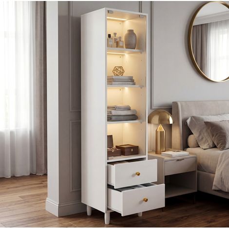 MEUBLIV Vitrine weiß 40x35x165 cm mit LED, Glastür und 2 Schubladen (1/5)