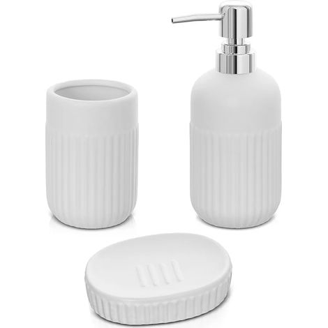 Accessori bagno da appoggio in set 3 pezzi in ceramica colore bianco Cup