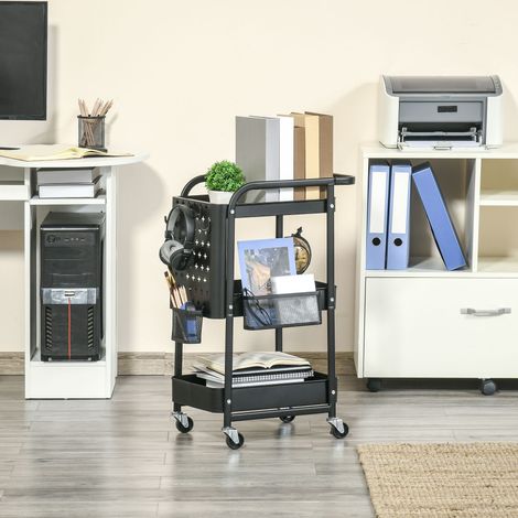 Desserte chariot de rangement bureau métal 3 niveaux, 2 range-couverts, 4 crochets, noir, 51,5L x 32l x 75,6H cm