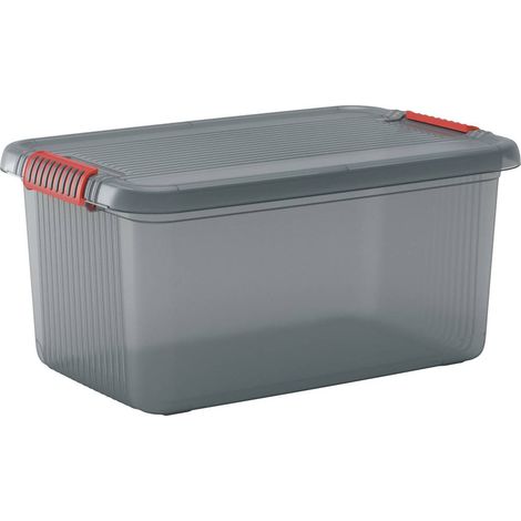 Boîte de rangement empilable 43L – Dimensions 590 x 390 x 280 mm – Plastique gris fumé translucide – 2 poignées ergonomiques – KIS (1/10)