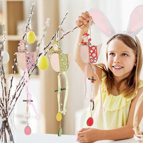 Pendentifs Coq de Pâques (lot de 3) en bois peint, à suspendre, pour la maison, les fêtes, la porte d'entrée, le jardin ou le mur. (1/4)