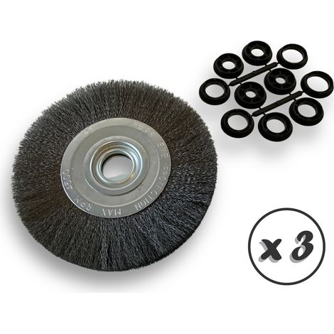 Lot de 3 brosses circulaires ACIER Ø 200 mm Epaisseur 2 rangs Fil souple 0.20 mm ondulé Alésage 32 mm + réducteur bague 25/22/20/16/12 mm Touret affûteuse ponceuse Kibros 238202AVx3
