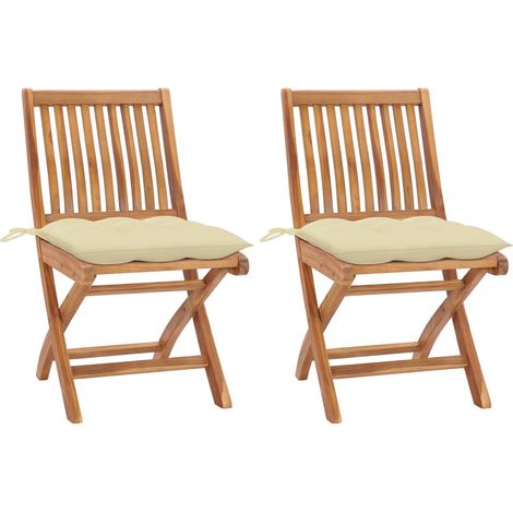 Gartenstühle 2 Stk. mit Cremeweißen Kissen Massivholz Teak vidaXL (1/5)