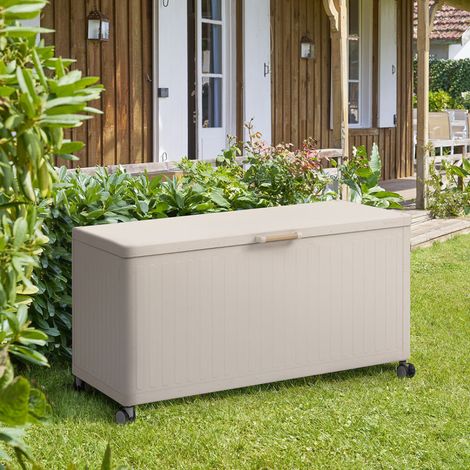 Hesperide – Coffre de jardin 670L en aluminium teinté – Dimensions compactes – Résistant aux UV et à la rouille – Avec vérins et roues bloquables (1/5)