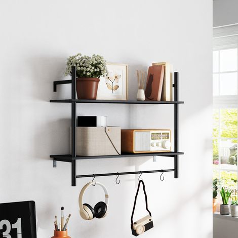 2-stufiges Wandregal, schwebendes Regal mit 4 Haken, 2 Ablagen und Stahlrahmen, 80 x 24 x 65 cm, Schwarz