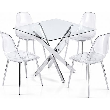 CHICFURN Conjunto de mesa y sillas de 5 piezas 80x80x75 cm en metal y vidrio transparente (1/5)