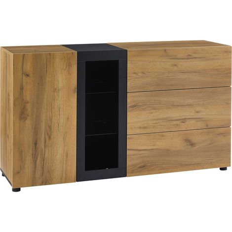 Aparador moderno de 140 cm con 3 cajones, 1 puerta y vitrinas de vidrio, color madera y negro (1/5)