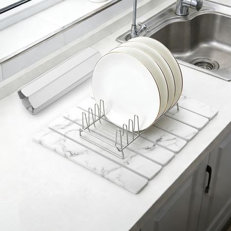 Tapis Egouttoir de Cuisine en Pierre Séchage, Séchage Rapide Diatomées Draineur à Vaisselle Matt, Marbrée Tapis Absorbant l’Eau pour Bouteilles Tasses Ustensiles, Pliable, 40×30cm, Blanc (1/5)