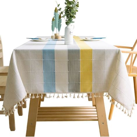 1 Piece (60x60cm, Blue/Grey/Yellow) Cotton Linen Tablecloth Solid Color Plaid Embroidery Tassel Cotton Linen Tablecloth Kitchen Dining Table Decoration (1/4)
