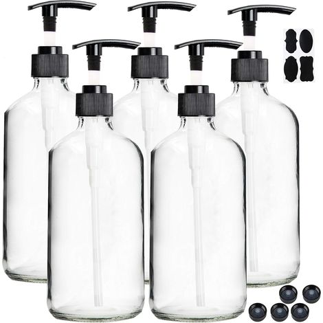 Lot de 5 bouteilles de pompe de lotion en verre rechargeables vides 250 ml, distributeur flacon pompe pour savon, gel douche et cuisine. (1/5)