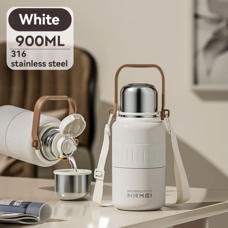 (Blanc, 900 ml) Bouteille d'eau isotherme en acier inoxydable avec poignée et paille, isolée sous vide, convient à l'eau chaude et froide. (1/5)