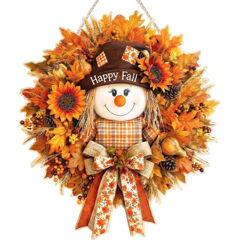 45cm Couronne de Porte Automne avec Épouvantail, Décoration Murale Bois Style Ferme pour Récolte et Thanksgiving (1/5)