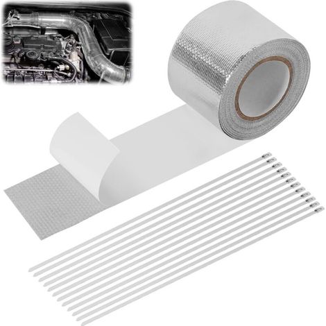 Bande de protection contre la chaleur pour pot d'échappement - 10 m x 5 cm - Autocollant avec 12 serre-câbles - Kit de réparation pour collecteur d'échappement de voiture et moto (1/5)