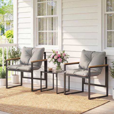 Salon de jardin 3 pièces 2 places avec 2 fauteuils 1 table basse, plateau en verre trempé et coussins, gris (1/5)