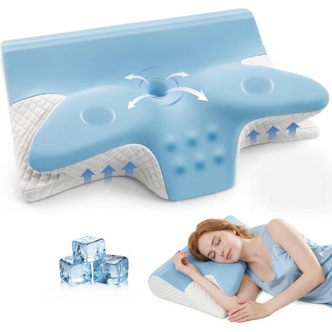 Oreiller Cervical Ergonomique, 2 en 1 Oreiller à Mémoire de Forme Papillon avec Accoudoirs, Coussin Orthopédique Anti-Ronflement pour Dormeur Côté, Dos, Ventre, 60x42x14/12cm (Bleu) (1/5)
