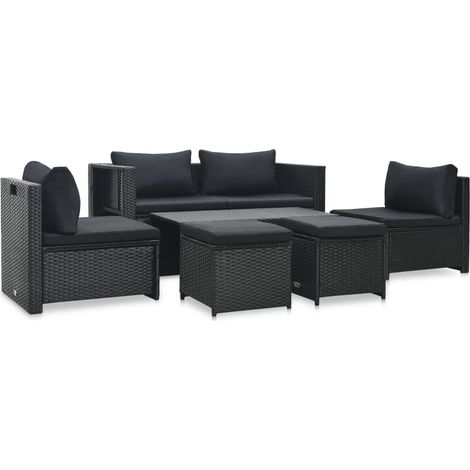 6-tlg. Garten-Lounge-Set mit Auflagen Poly Rattan Schwarz