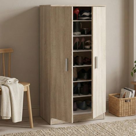 Armoire multifonction 2 portes, meuble auxiliaire, meuble bas porte-chaussures avec 6 étagères, étagère à chaussures moderne, 55x36h108 cm, chêne (1/5)