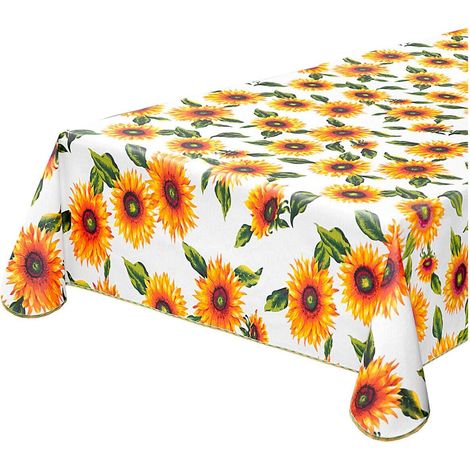 Tovaglia Antimacchia Cucina Girasoli Bordata Cotone Plastificato Proteggi Tavolo Copritavolo Bianco - 135x230 cm