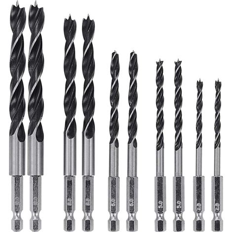 Lot de 2 forets hélicoïdaux HSS à queue hexagonale (10 pièces) de 6,35 mm pour le travail du bois - 4 mm, 5 mm, 6 mm, 8 mm et 10 mm (1/5)