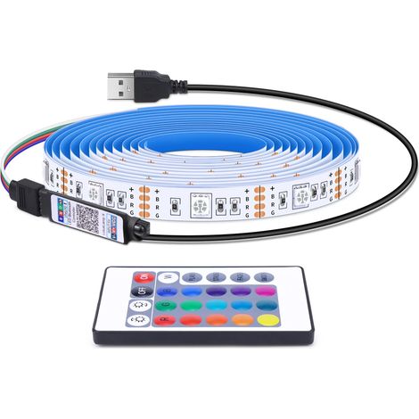 (1M, RGB) Bande lumineuse LED RGB USB 5V, dimmable, contrôle par application, connexion Bluetooth sans fil, avec télécommande. (1/5)