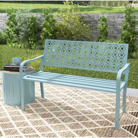 Banc de jardin en acier bleu 2 places avec accoudoirs et dossier décoratif (1/5)