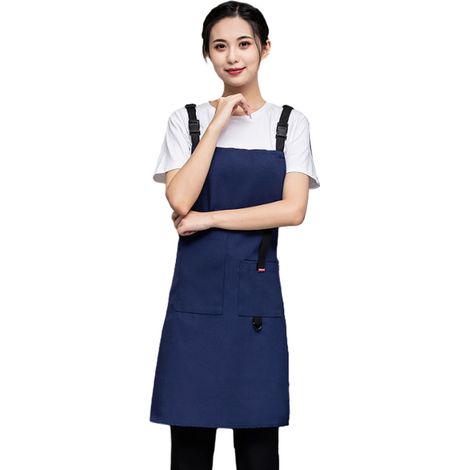 Tablier De Chef En Toile - Imperméable Avec Bretelles Croisées Et Grandes Poches - Pour Cuisine Bricolage Coiffure - Bleu Marine - 1 Pièce (1/5)