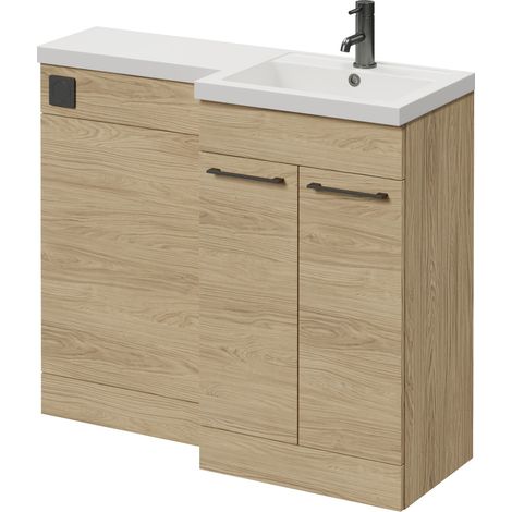 Napoli 390 Light Oak 1000mm 2 Door Vanity Unit Toilet Suite with Right Hand Square Lucia Basin - 1000mm - Gunmetal Grey 160mm HandleWithout Kingston Toilet Pan