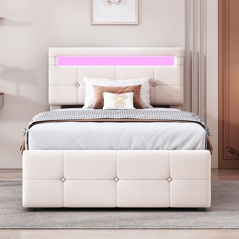 Letto imbottito moderno 90x200 cm con LED, contenitore idraulico, testiera regolabile, velluto beige (1/5)