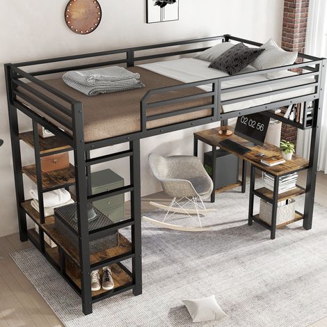 Hochbett (208 x 124 x 160 cm), mit Schreibtisch und Ablagefläche, stabile Lattenroste, Eisen und Spanplatte, Schwarz und Dunkelwalnuss (1/5)