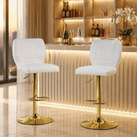Tabouret de bar réglable 62-83 cm, pivotant 360°, en simili cuir et métal, avec dossier et repose-pieds, blanc et or (1/5)