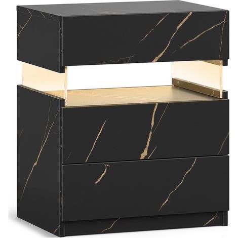 Table de chevet LED 3 tiroirs avec panneau acrylique et éclairage RGB pour chambre - Noir et Or (1/5)