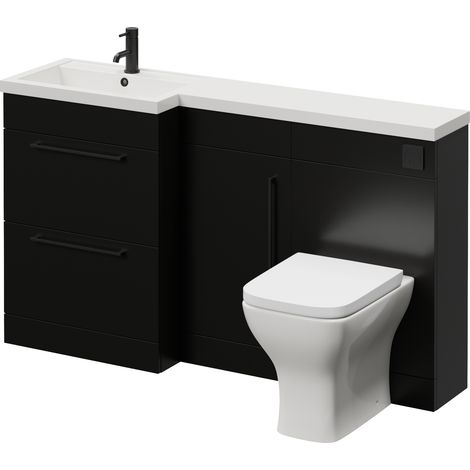 Napoli 390 Matt Black 1500mm 2 Drawer Vanity Unit Toilet Suite with Left Hand Square Lucia Basin - 1500mm - Matt Black 320mm HandleWith Kingston Toilet Pan and Seat