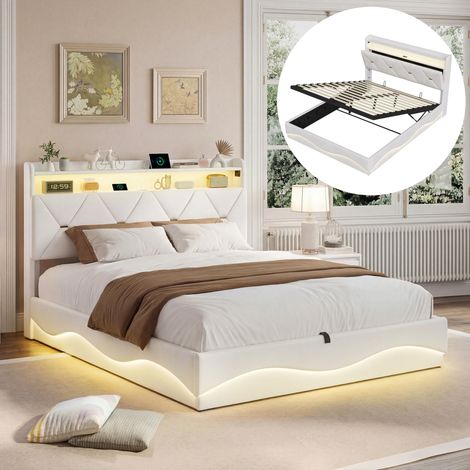 Letto contenitore 140x200 cm, letto matrimoniale imbottito in velluto con LED e porte USB, testiera contenitore, rete a doghe - Bianco
