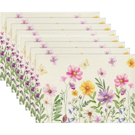 Juego de 8 manteles individuales de verano con forma de mariposa floral, 45 x 30 cm, lavables, resistentes a las manchas, manteles individuales decorativos para la cocina. (1/5)