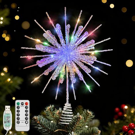 Étoile Sapin de Noël, Pointe Sapin Noël Étoile avec Époxy Pailletée et 30 Ampoules LED, Flocon Neige de contrôlé par USB, Décoration pour la Maison, Lumière Colorée, Argent Blanc (1/5)