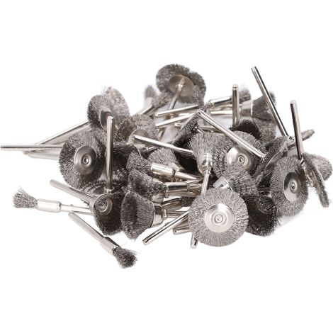 Set mit 60 rotierenden Edelstahl-Drahtbürsten, 3 mm Schaft, 3 Formen, zum Abbeizen und Entstauben. (1/5)