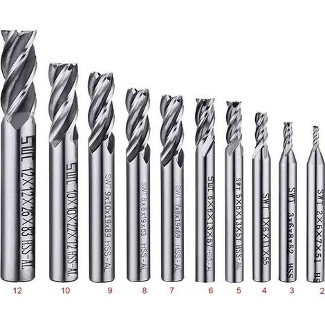 Lot de 10 forets à 4 cannelures - de 2 à 12 mm Fraise en Bout- Ensemble de forets à tige droite HSS CNC pour perceuse - Ensemble d'outils pour bois. aluminium. acier et titane (1/2)