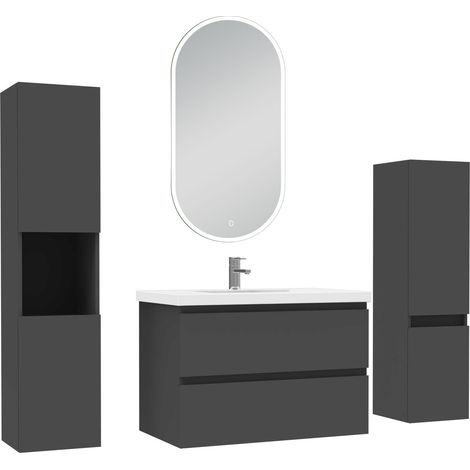 Ocean ensemble meubles Salle de Bain 80cm colonnex2 + vasque + miroir LED Anthracite