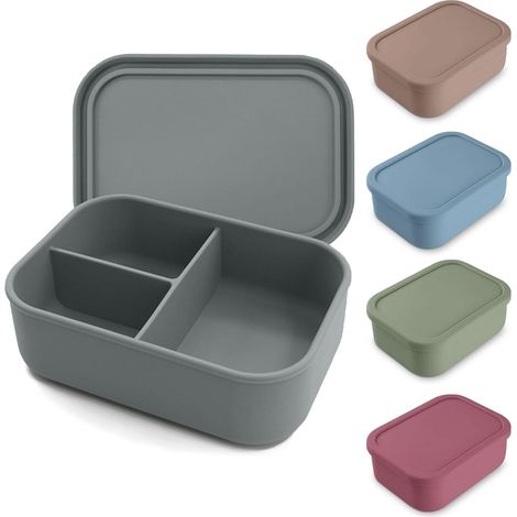 Boîte à pain avec compartiments, boîte à pain en silicone 800ml pour école, sans BPA, micro-ondes et lave-vaisselle, boîte à pain pour enfants avec 3 compartiments, gris ardoise (1/5)
