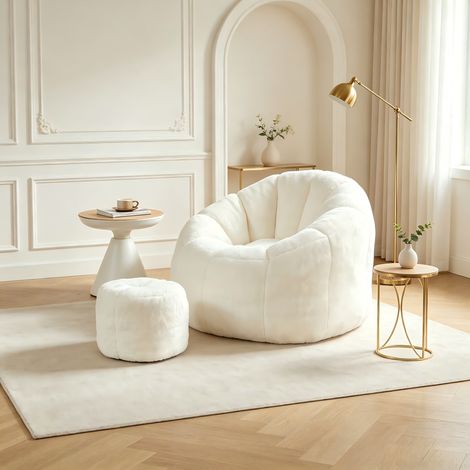 Canapé-Pouf Ensemble fauteuil + repose-pieds – Siège forme fleur imitation lapin garnissage mousse 30D – Repos familial pour salon, chambre, lecture et sieste – 105 × 70 cm – Crème (1/5)