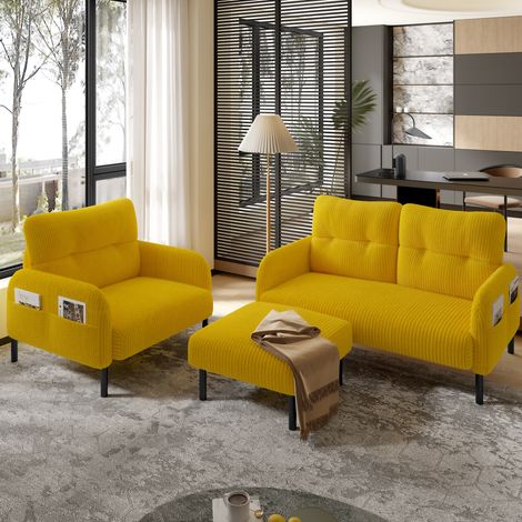 Divano a 2 posti con poltrona e pouf, rivestito in corda gialla HAVRYA (1/5)