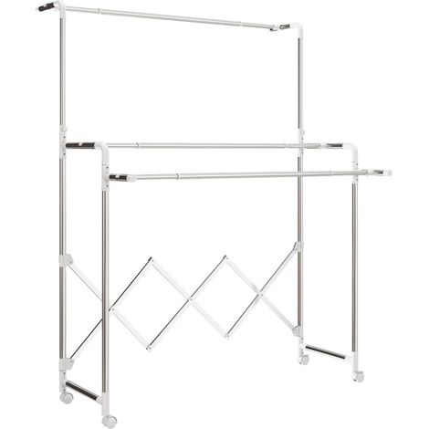 Séchoir pliant à roulettes en acier inoxydable avec 3 barres réglables, séchoir tour pour intérieur et extérieur (1/5)